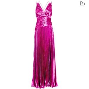 Vera Pleated Plunging Metallic Slit Maxi Dress In Pink 0 EUC